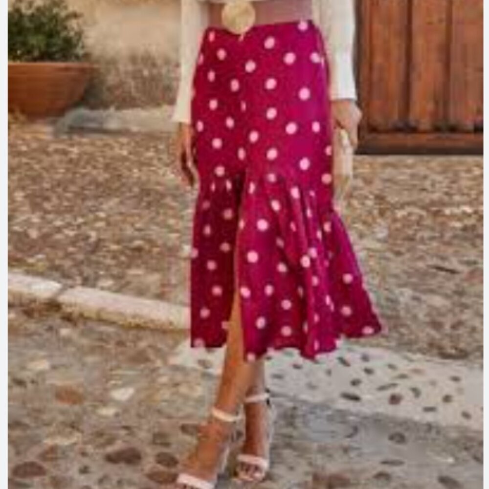 Polka Dot Midi Ruffle Skirt - Raspberry Pink